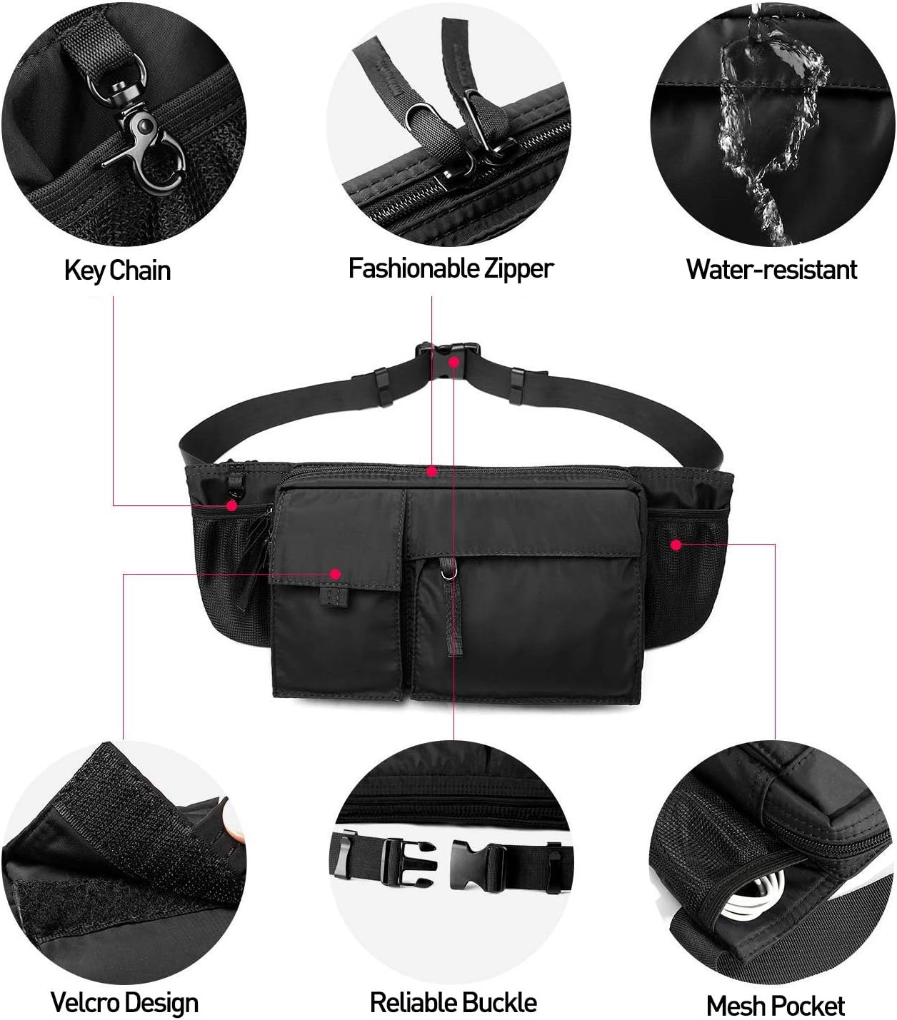 Large Waterproof Black Waist Bag Fanny Pack For Men Women Belt Bag Pouch Hip Bum Bag Chest Bag with Adjustable Strap, Premium Lightweight Fanny Pack For Gym Fitness Workout Travel Work Commuting - Image 3